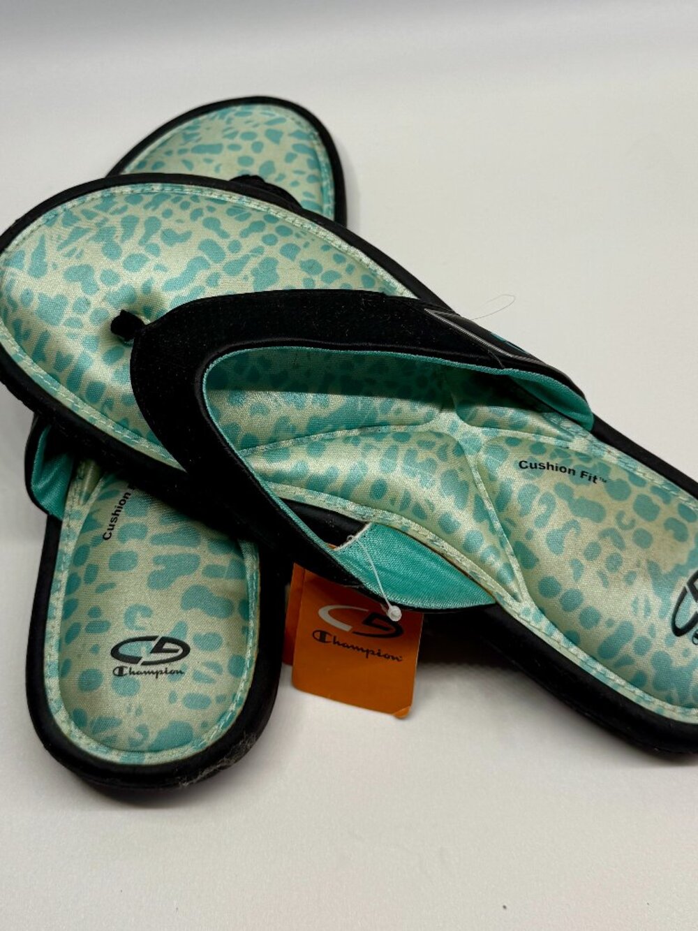 Champion Womens Flip Flop Black w/ Turquoise leopard print footbed SZ 10 *NWT"